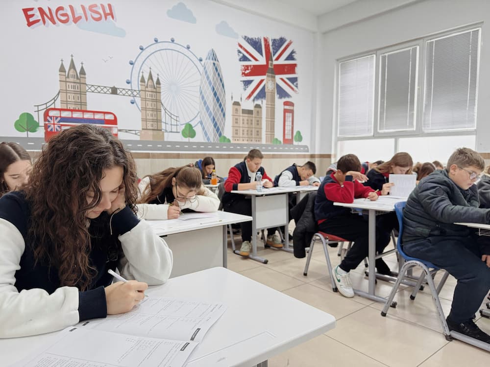 Students learning and speaking English together